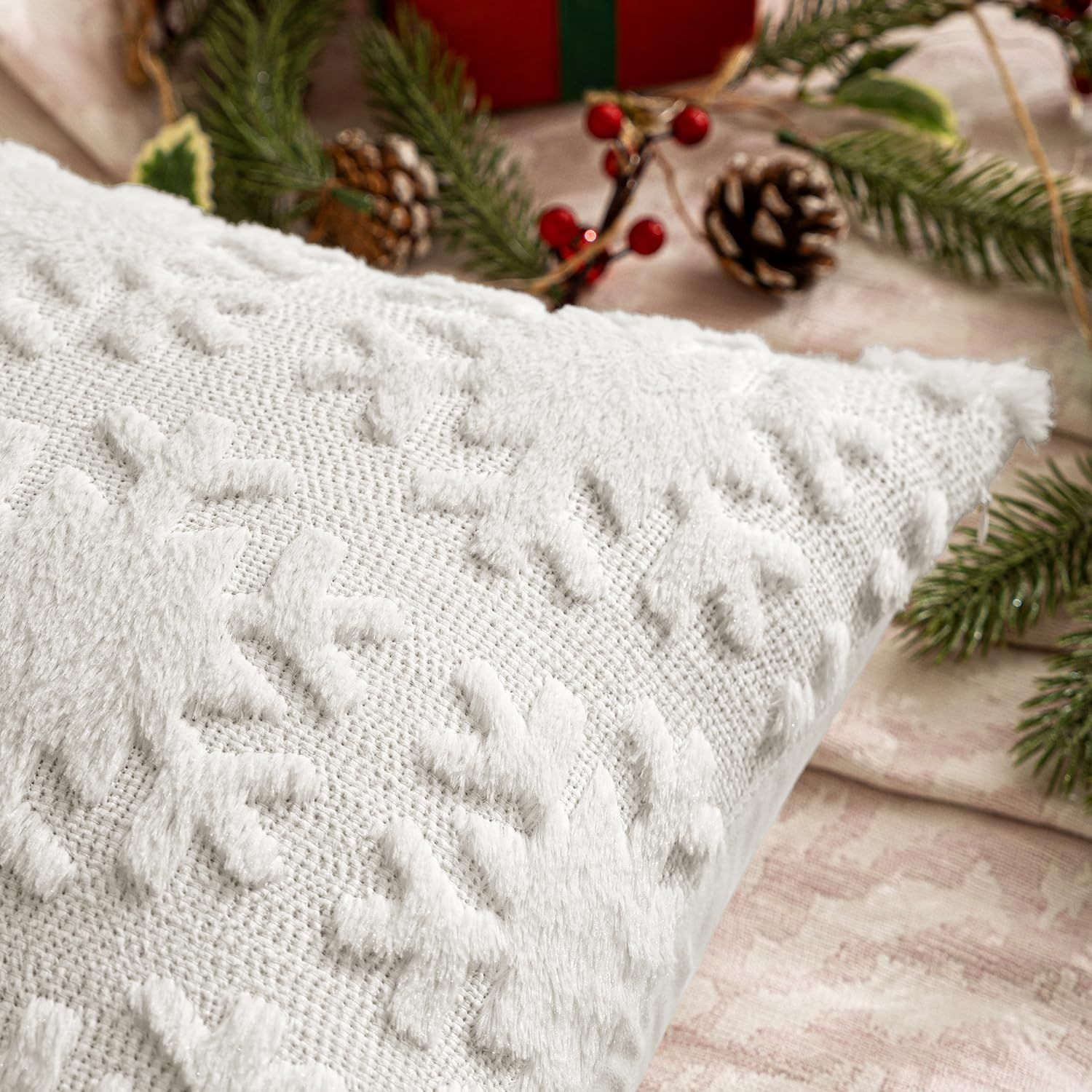 Christmas Snowflake Decorative Throw Pillow Covers Set of 2, Soft Fluffy Faux Wool Winter Holiday Couch Pillows for Farmhouse Boho Home Decor Sofa — image 2