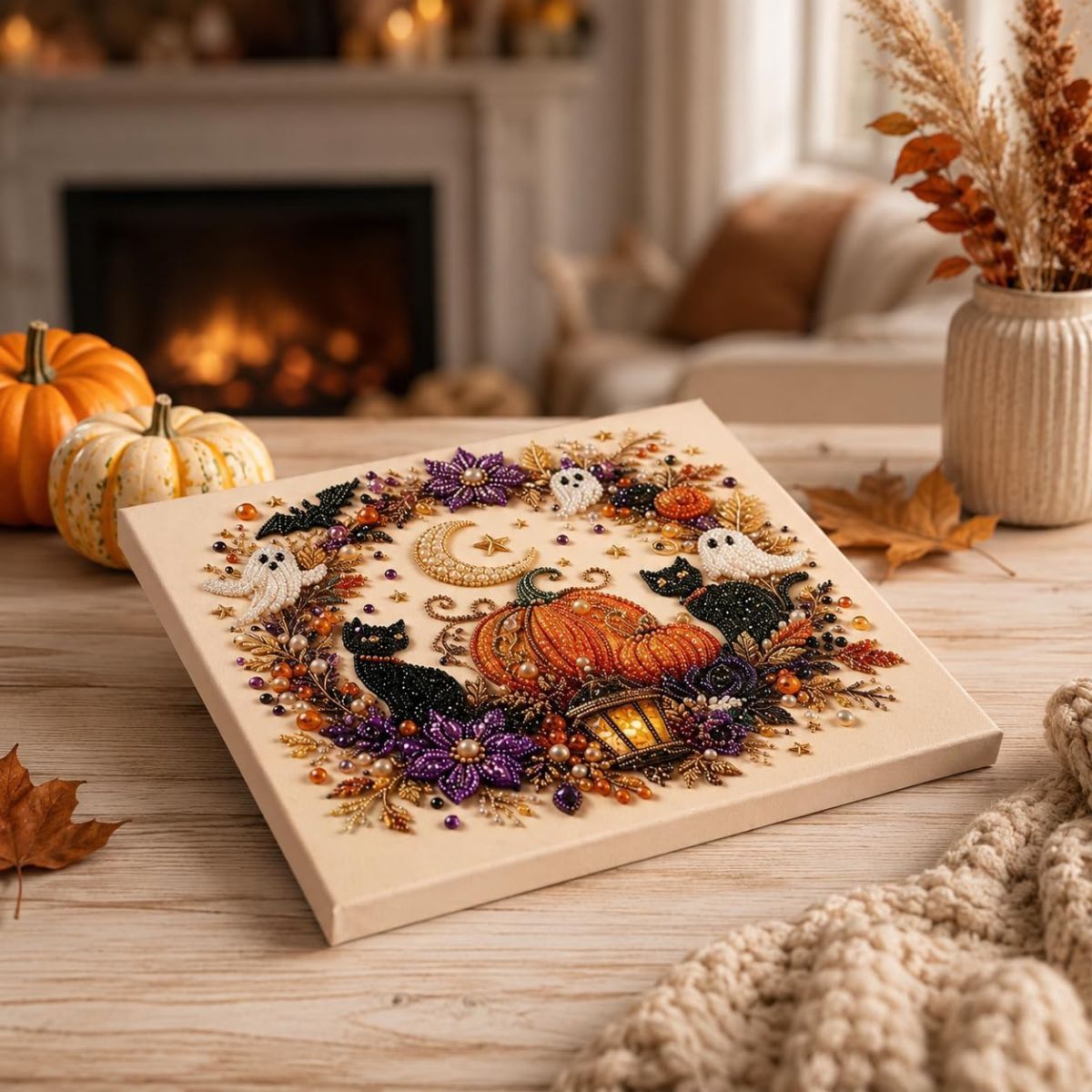 Halloween Pearl Diamond Painting Art Kit with Frame, Spooky Cute 3D DIY Pearl Beads Art Craft for Adults, DIY Fall Home Decor Wall Art, Beginner DIY Seasonal — image 6
