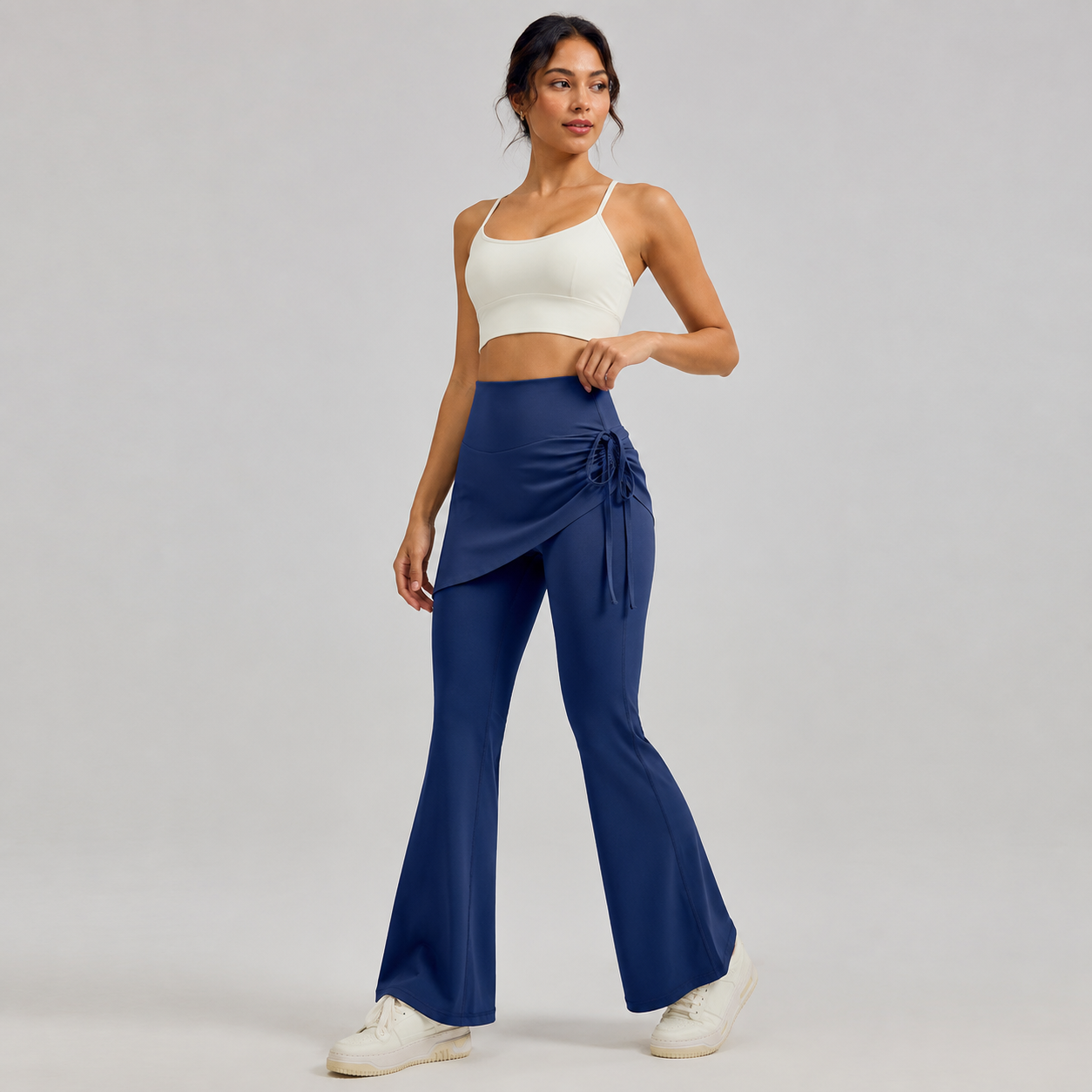 Women's High Waist Skirted Flare Yoga Pants with Adjustable Ruched Drawstring (XXL size)- Blue Faux Two Piece Bootcut Leggings for Pilates, Gym Workout โ image 4