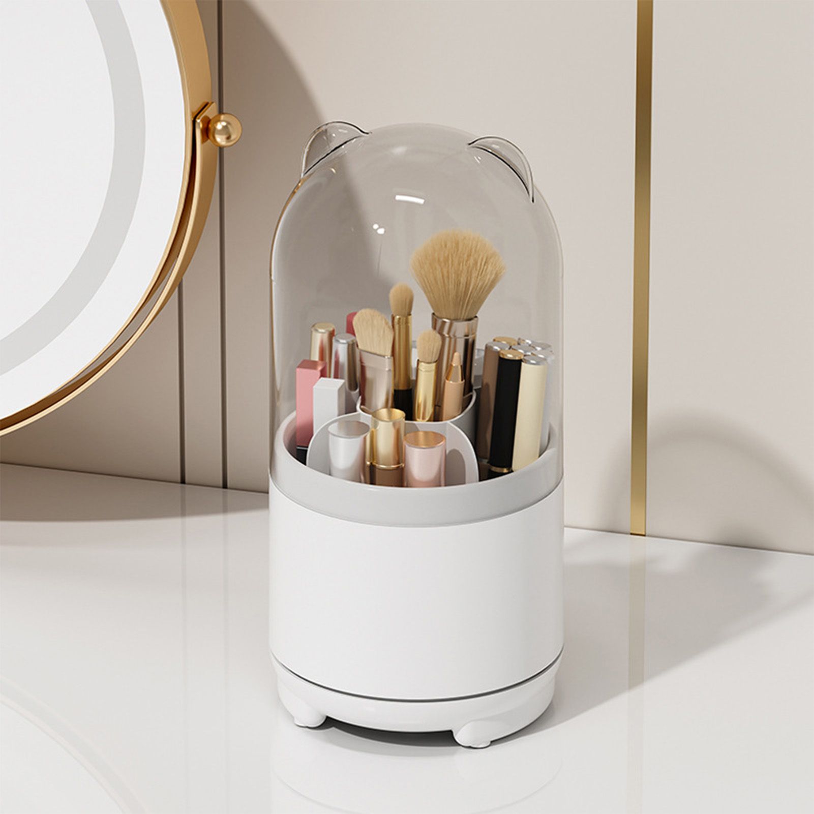 Makeup Brush Storage Container 360 Degree Rotating Dust Prevention Transparent Lid Large Capacity Makeup Brush Holder White — image 5