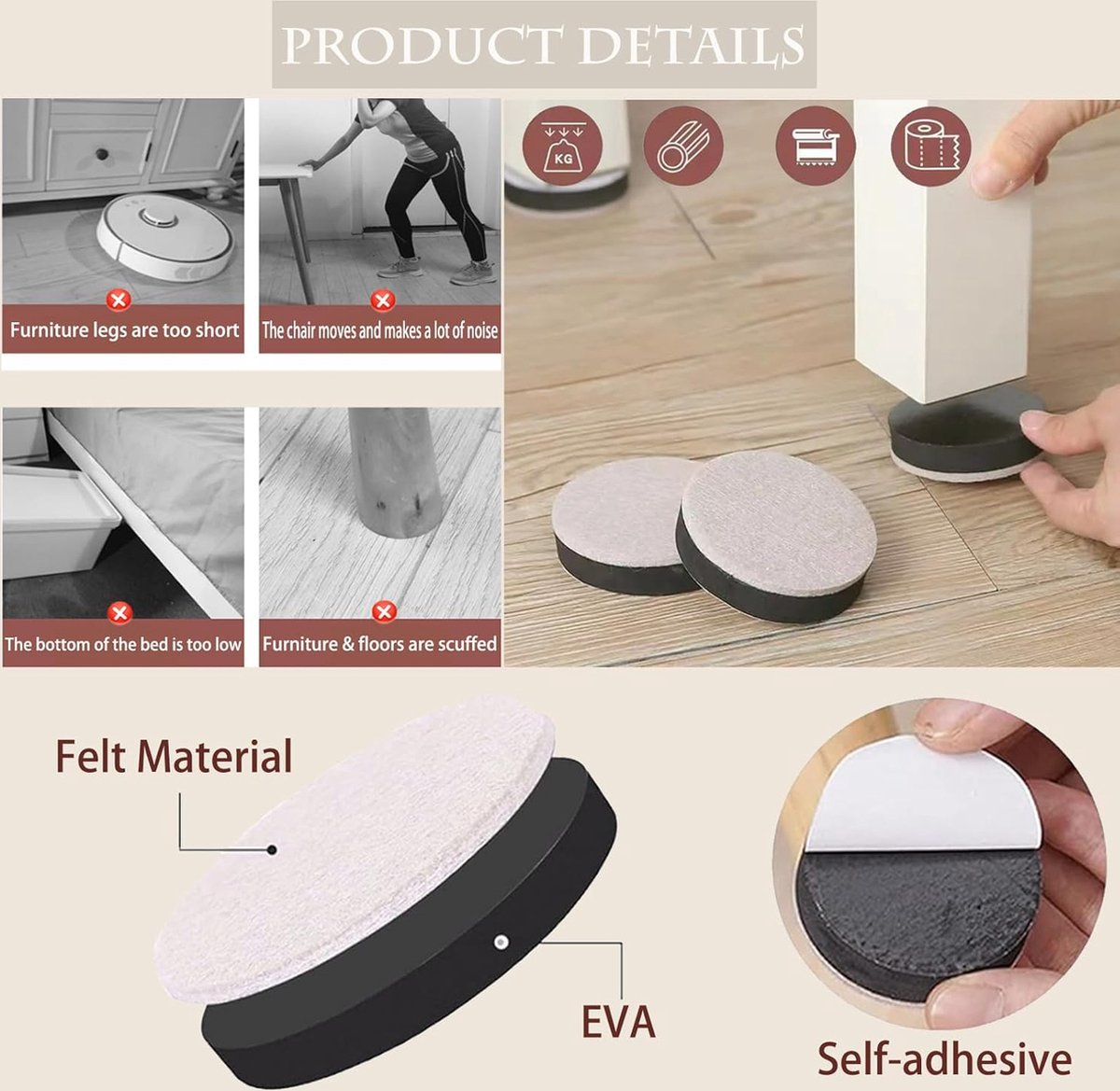 Furniture Risers - 16 Pieces - Furniture Riser Set - Bed Riser - Adjustable Furniture Legs - Furniture Coasters - Furniture Felt - Strong Space-Saving Riser — image 4