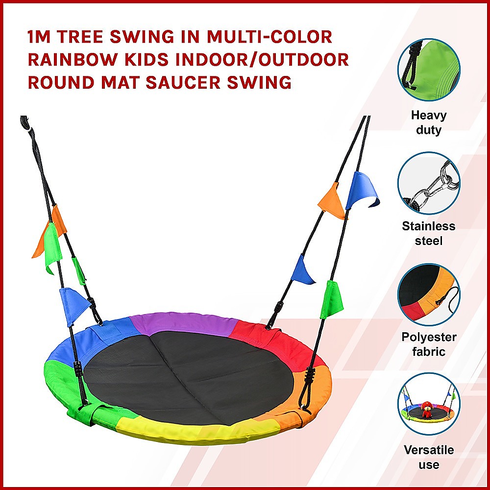 1m Tree Swing in Multi-Color Rainbow Kids Indoor/Outdoor Round Mat Saucer Swing โ image 3