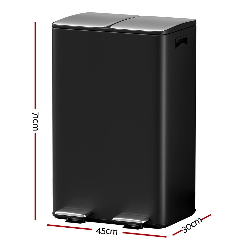 Cefito Pedal Bins Rubbish Bin Dual Compartment Waste Recycle Dustbins 60L Black โ image 2