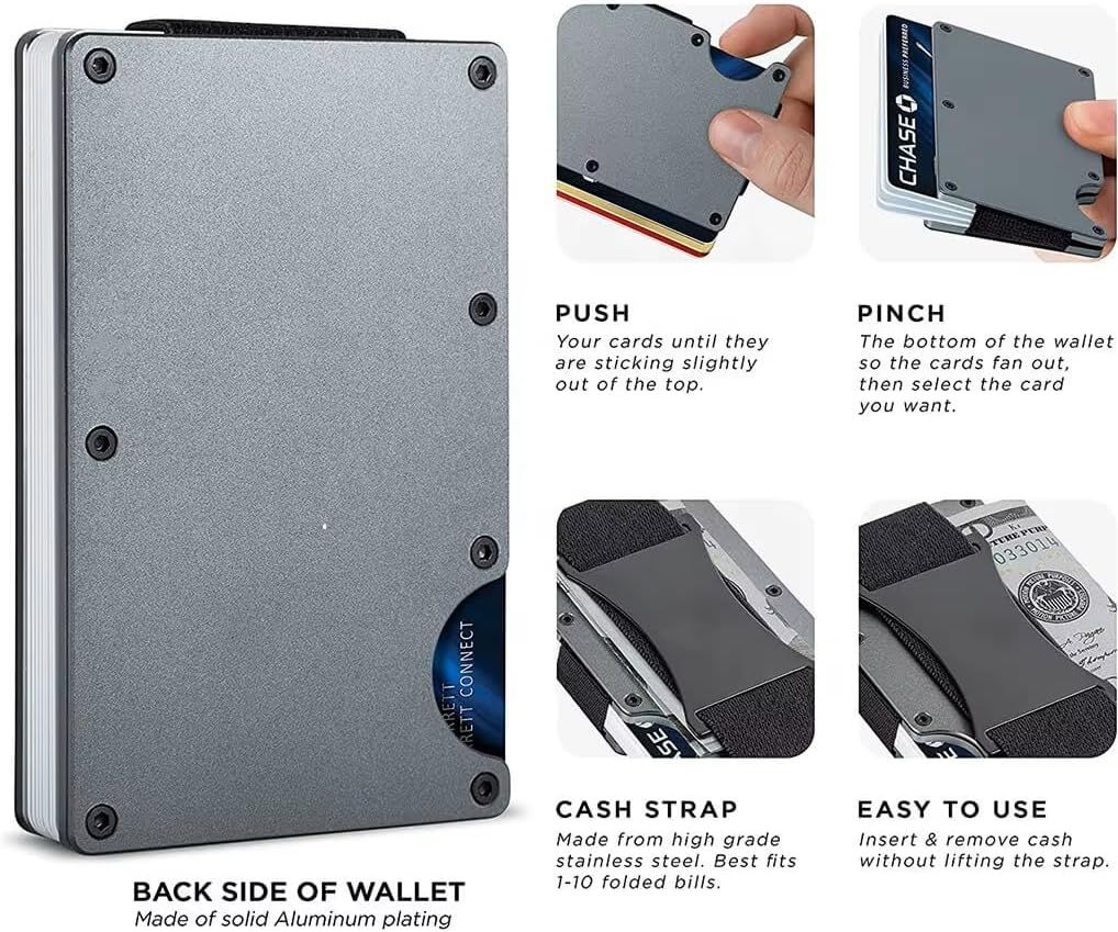 Blue Slim RFID Blocking Aluminum Card Holder - Metal Wallet with Cash Strap Minimalist Card Case โ image 3