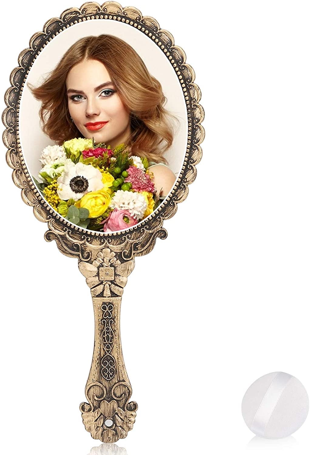 Vintage Handheld Mirror, Small Hand Held Decorative Mirrors for Face Makeup Embossed Flower Portable Antique Travel Personal Cosmetic Mirror Brass Gold β image 3