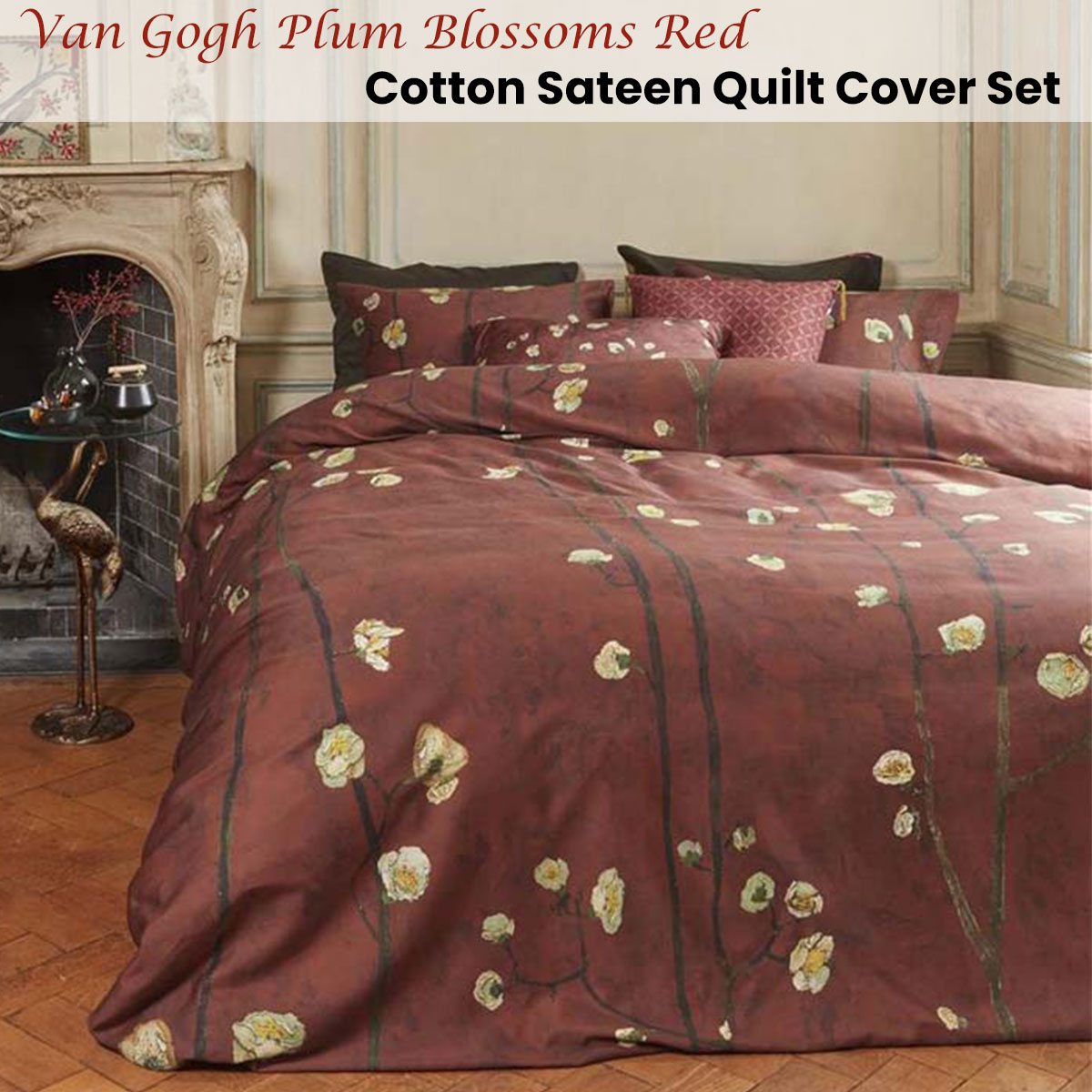 Bedding House Van Gogh Plum Blossoms Red Cotton Sateen Quilt Cover Set Queen โ image 2