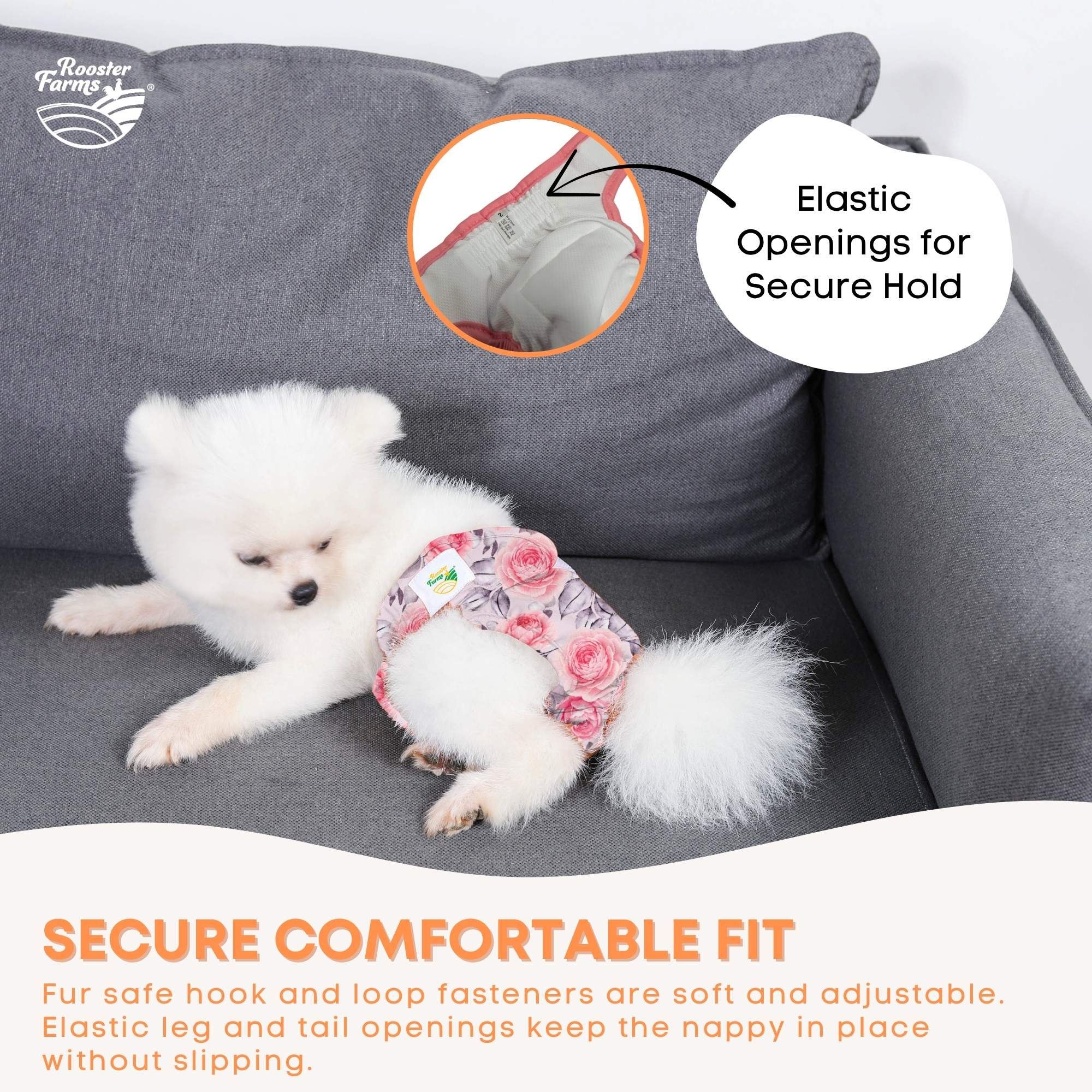 Rooster Farms Female Dog Diapers Small 3Pk - Washable Reusable Nappies Hook/Loop โ image 3