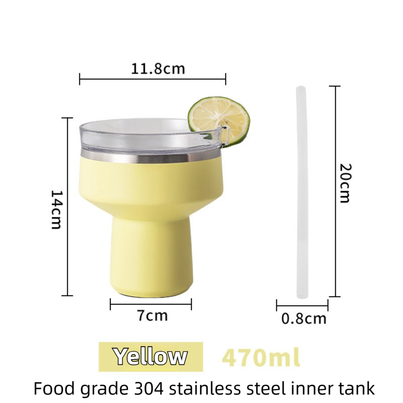Yellow 470ML Stainless Steel Martini Tumbler Cup with 360°Salt & Sip Lid, Internal Markers and Straw - Double Wall Vacuum Insulated Drink Cup for Coffee