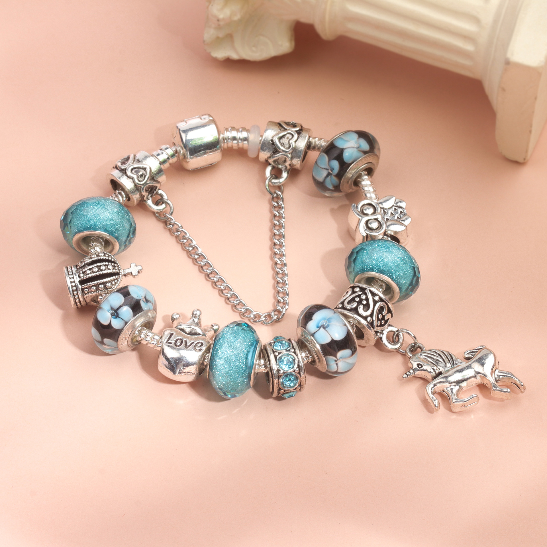 Vintage Water Glass Rhinestone Heart Crown Beaded Unicorn Pendant DIY Bracelet(19cm) โ image 5