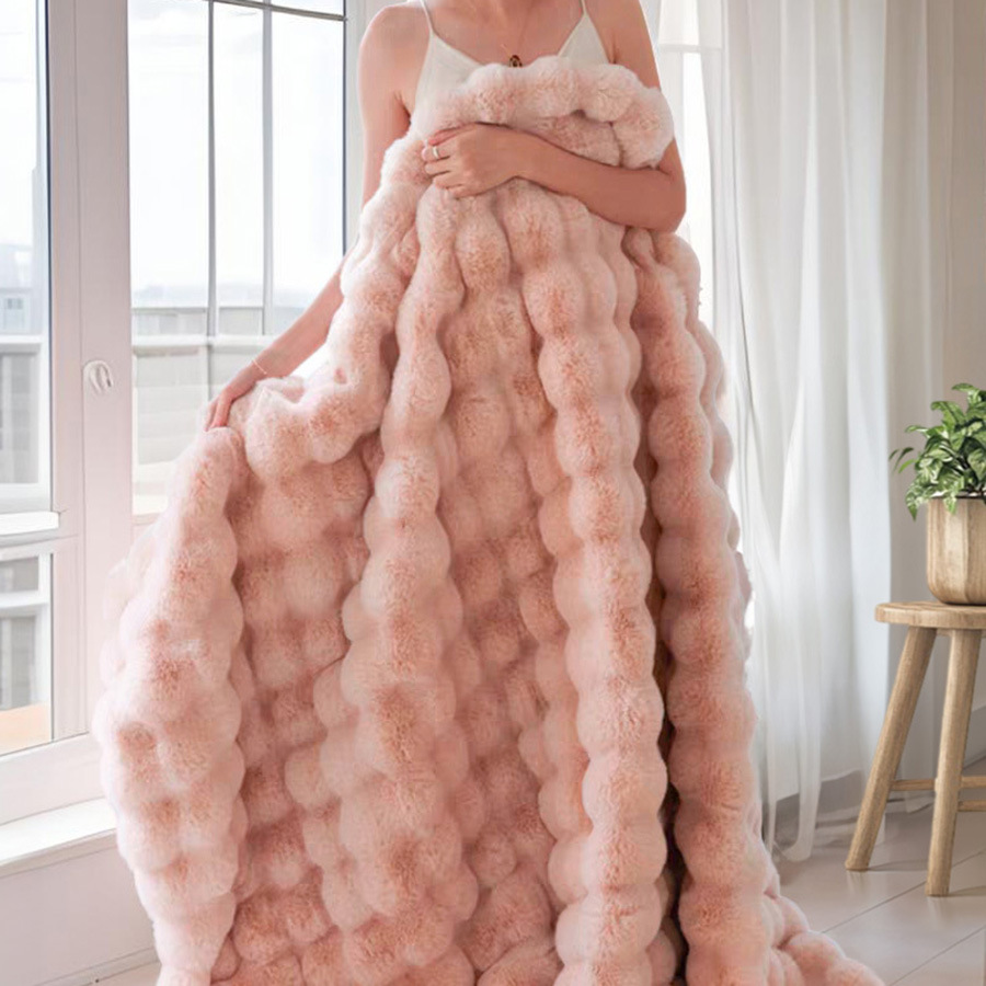 Pink Luxury Tuscany Fleece Rabbit Fur Bubble Blanket (200 x 230 CM) - Double-Sided Thickened Soft Plush Bedding & Extra Large Bed Blanket — image 3