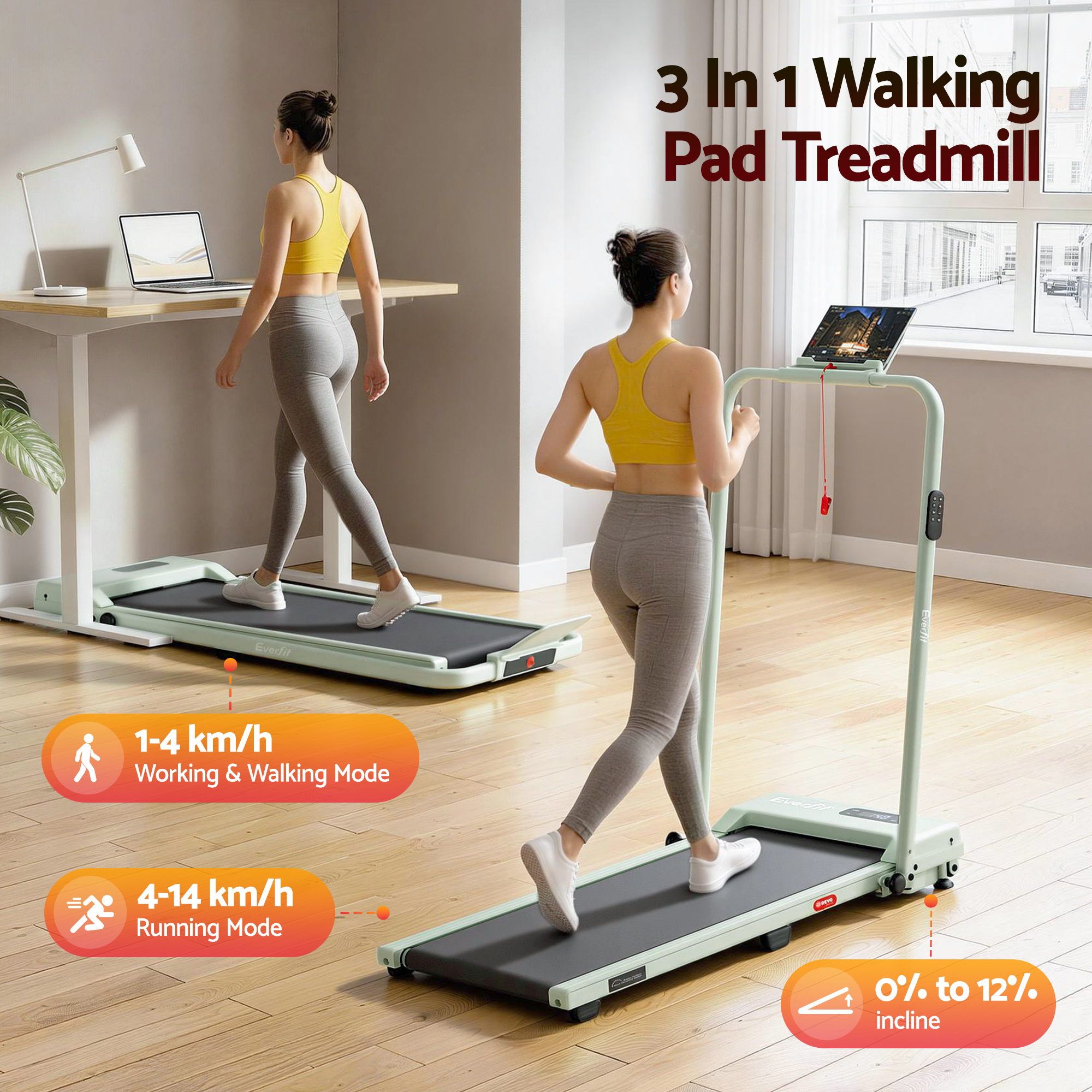Everfit 3 in 1 Walking Pad Treadmill 12% Incline Under Desk Foldable Treadmills for Home Gym With 38cm Wide Belt APP Control — image 3