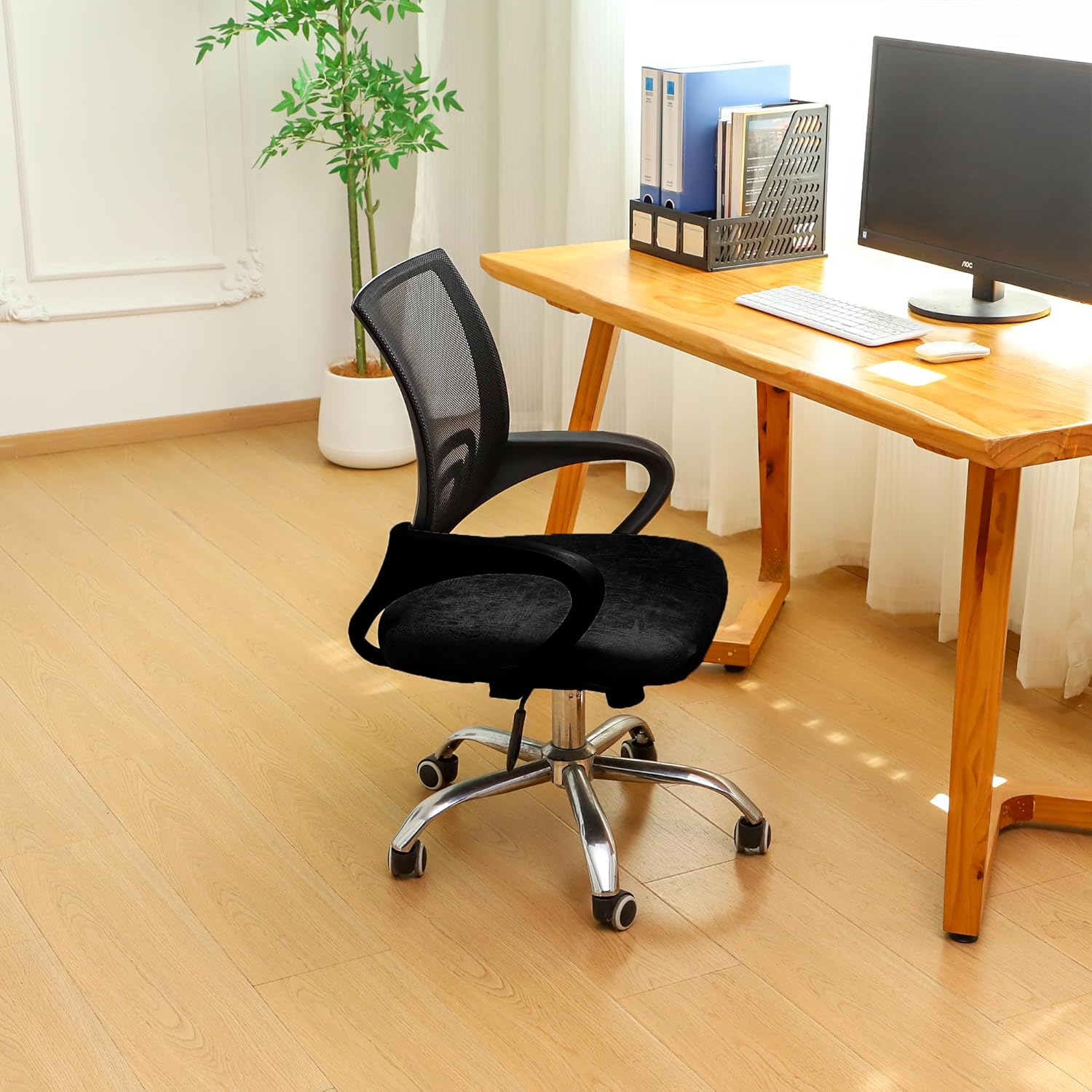 Leather Look Office Chair Seat Covers Set of 2 Black 20inch Square Stretch Seat Slipcovers for Dining Chair Cushions Removable Washable — image 2
