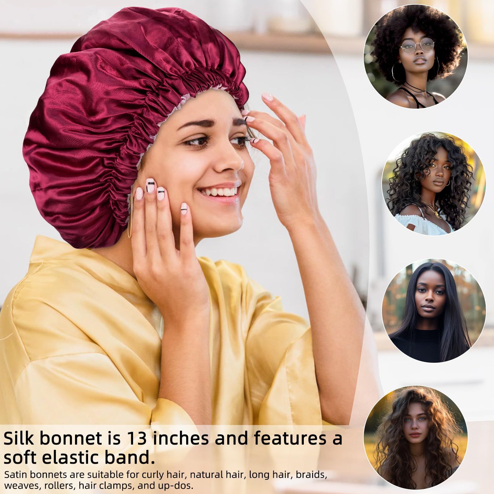 Satin Bonnet Silk Bonnet Hair Bonnet for Sleeping-Slouchy Beanie Hat Satin Sleep Cap for Women's Natural & Curly Hair(Red) — image 4