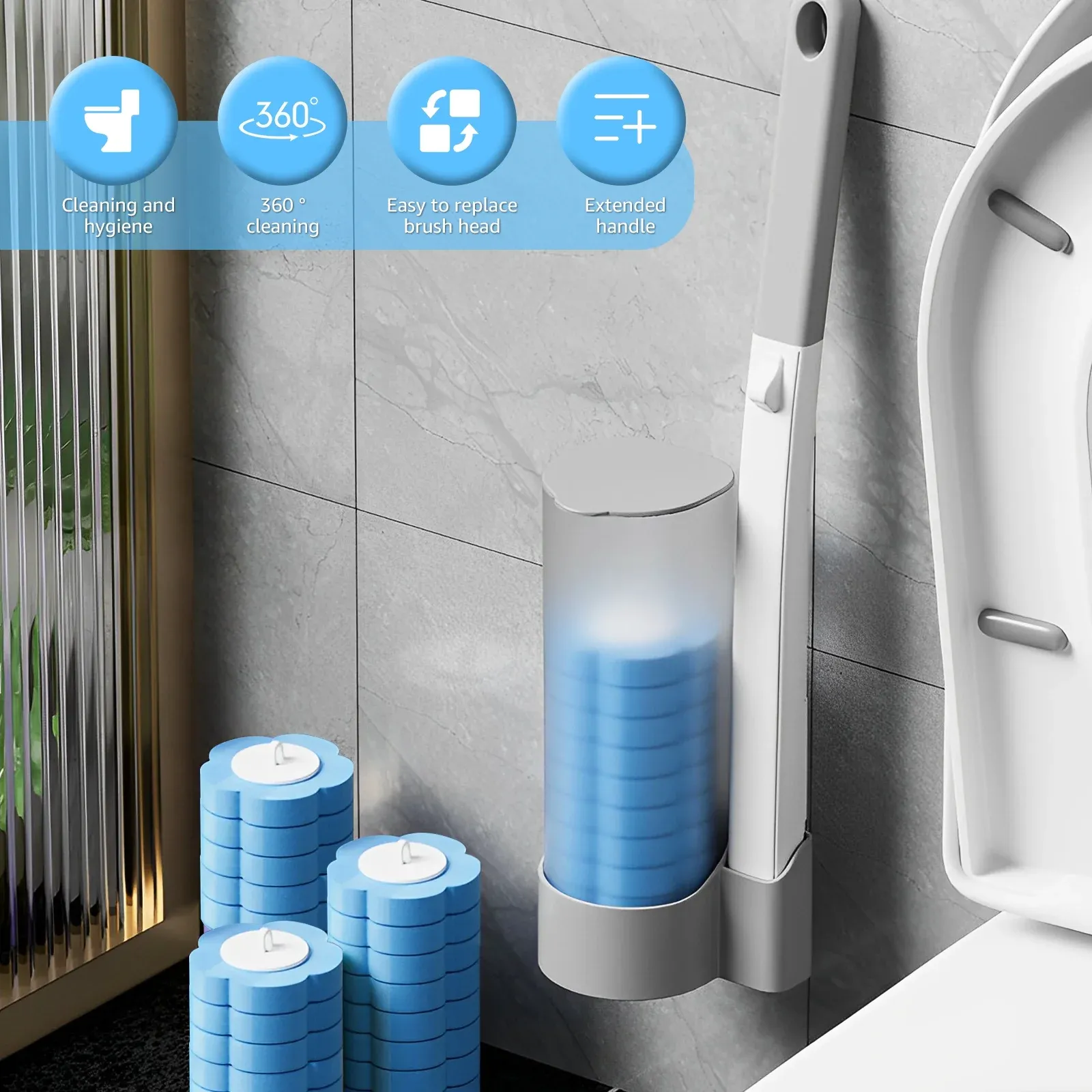 Disposable Toilet Brush Set with 24 Replacement Refills, Marine Scented Sponges, Wall Mounted Bowl Cleaner for Bathroom, Extended Handle — image 2