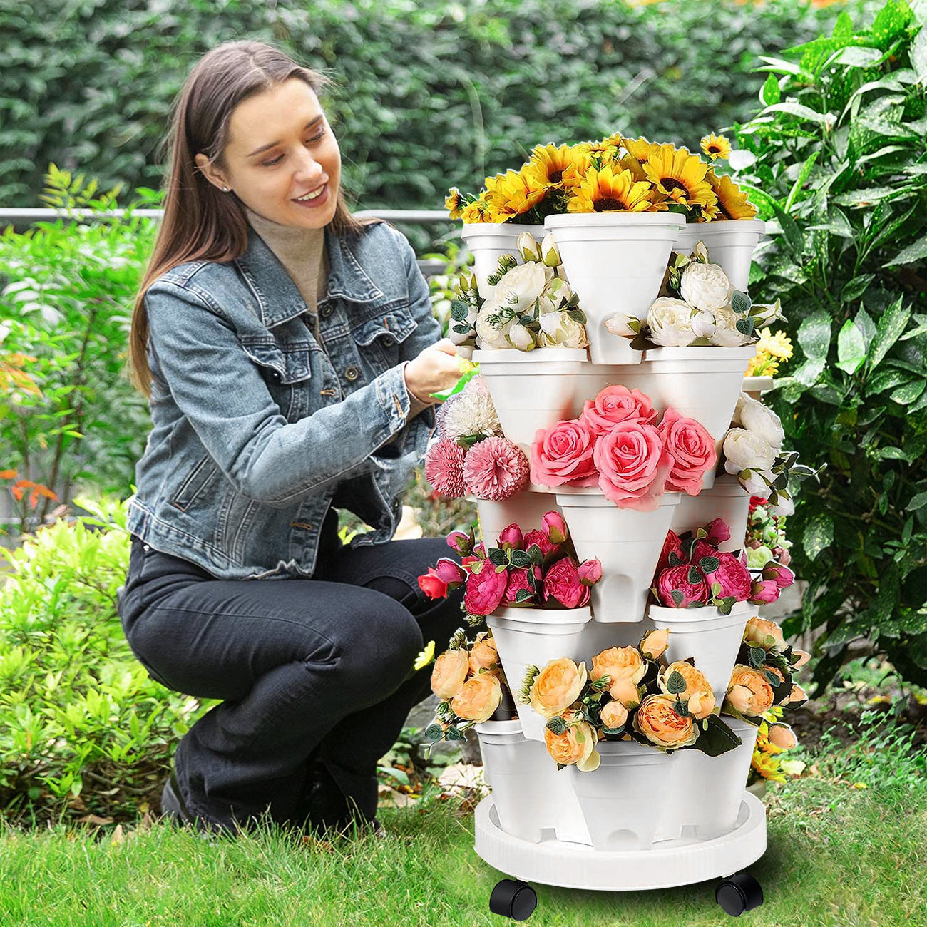 5 Tier Stackable Planter Pots Vertical Garden Stacking Space Saving High Yield Ideal for Herbs Flower Plants Veggies With Wheel White 37cm Width — image 5