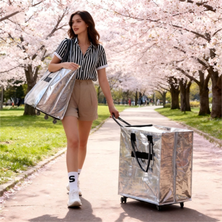 Gold Portable Folding Shopping Trolley Bag(50x40x30CM) - Durable Woven Fabric, Reusable Grocery Bag with Wheels for Effortless Travel — image 4