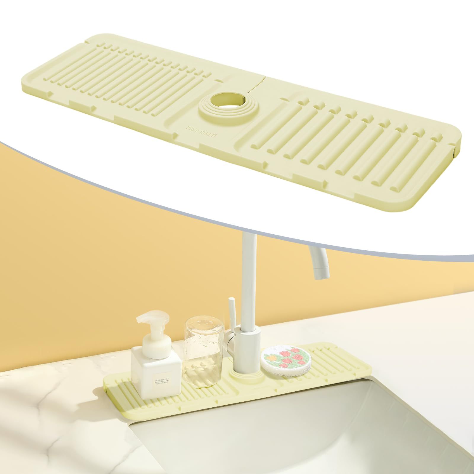 Faucet Handle Drip Catcher Tray, Longer Silicone Sink Faucet Mat, Dish Soap Sponge Holder for Bathroom, Farmhouse, Beige White — image 2