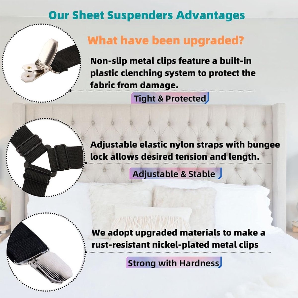 Bed Sheet Tensioners - 4 Pieces - Duvet Sheet Tensioner Clips - Duvet Clamps - Duvet Cover Tensioners - Sheet Clips - Adjustable - Sheet Suspenders - Fitted — image 4