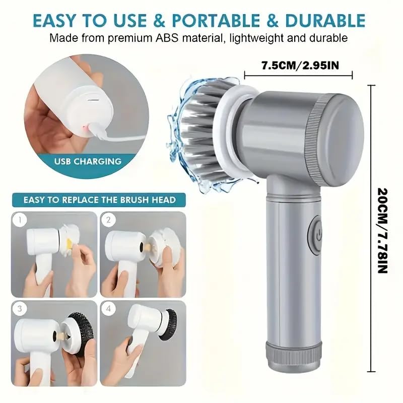 Cordless Electric Spin Scrubber with 5 Brush Heads and USB Rechargeable Battery for Bathrooms, Tiles, Grout and Kitchens, White — image 2