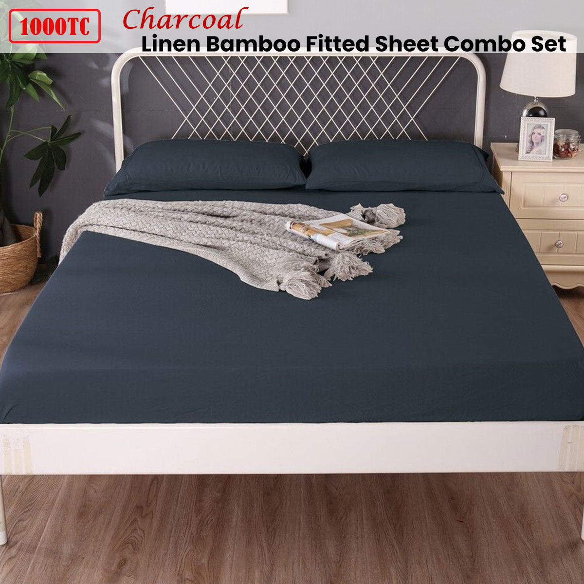 Ramesses 1000TC Linen Bamboo Fitted Sheet Combo Set Charcoal Single — image 2