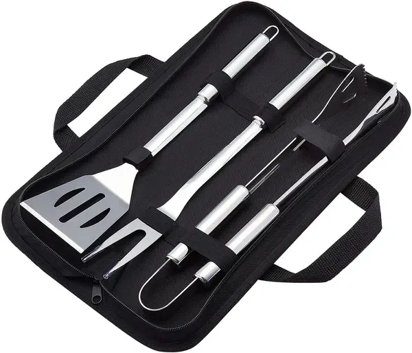3 Piece Stainless Steel BBQ Grill Tool Set with Spatula, Fork, Tongs and Carrying Bag for Camping and Outdoor Grilling
