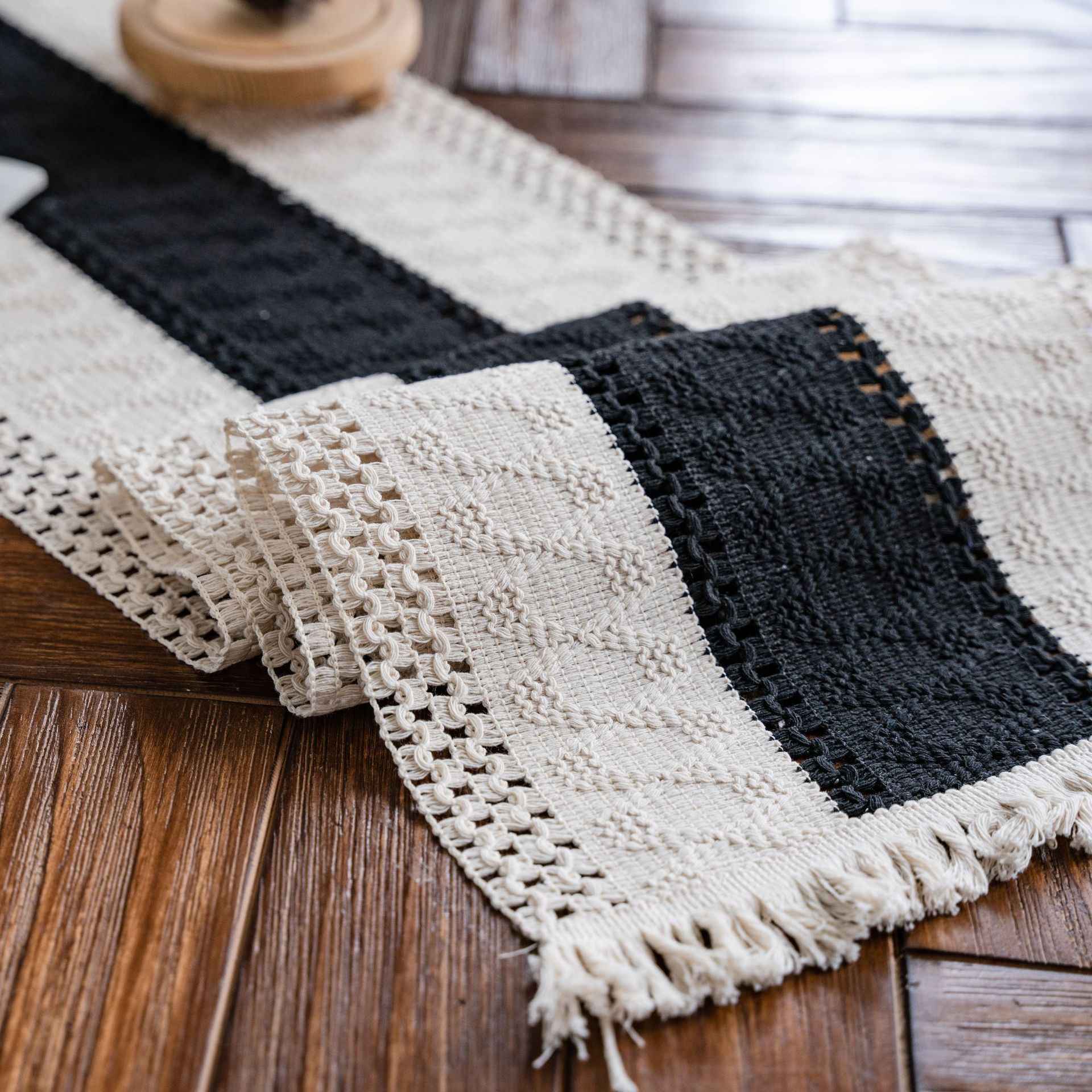 Black and White Wide Stripe Woven Table Runner - 30 x 180 cm Cotton Linen Runner with Fringe Ends for Dining Tables and Home Decor โ image 4