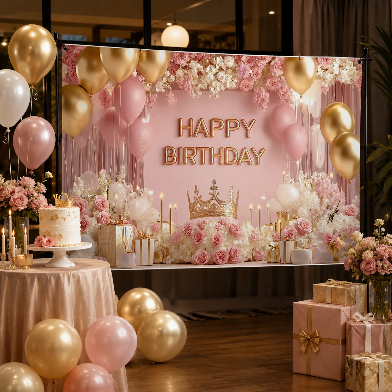 180×115cm Pink Printed with a pattern of flowers, balloons, and a crown Happy Birthday Backdrop – Premium Indoor Party Decoration Polyester Wall Banner — image 3