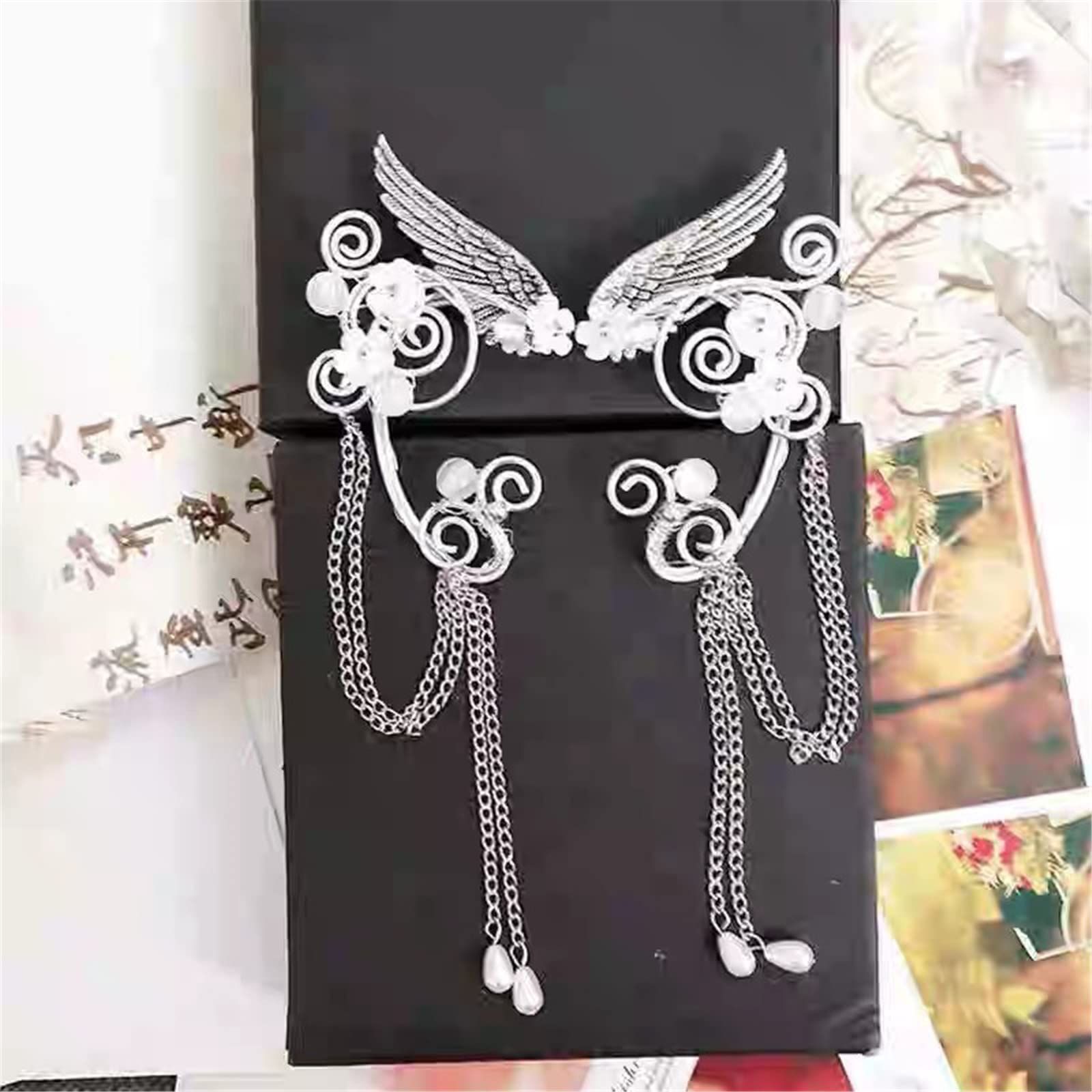 Handmade Nonpierced Elf Fairy Ear Cuff Wrap Earring Celtic Elven Flower Faux Pearl Bead Wing Chain Tassel Clip-On Earring — image 3