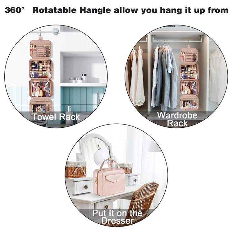 Pink Portable Large Hanging Womens' Luxury PU Leather Cosmetic Bag - Waterproof Travel Toiletry Organizer, Easy Visibility & Durable โ image 5