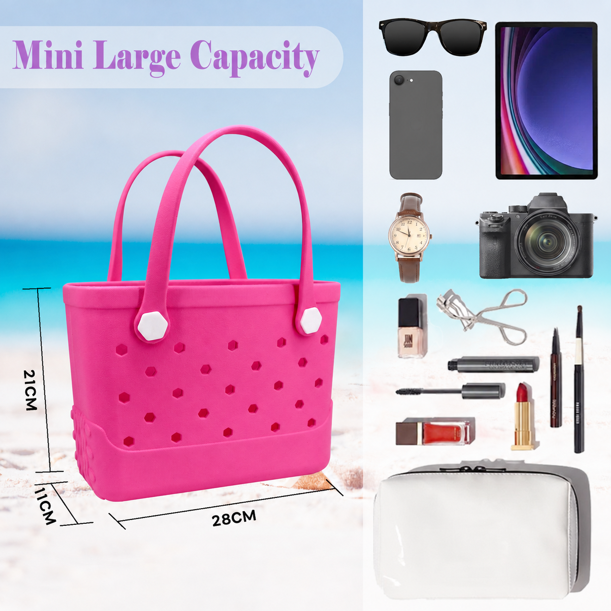 Waterproof Hexagon Mesh Beach Bag - Large Capacity Travel Storage Tote for Swimwear Towel Sunglasses - Rose Red Small 28x21x11cm โ image 4
