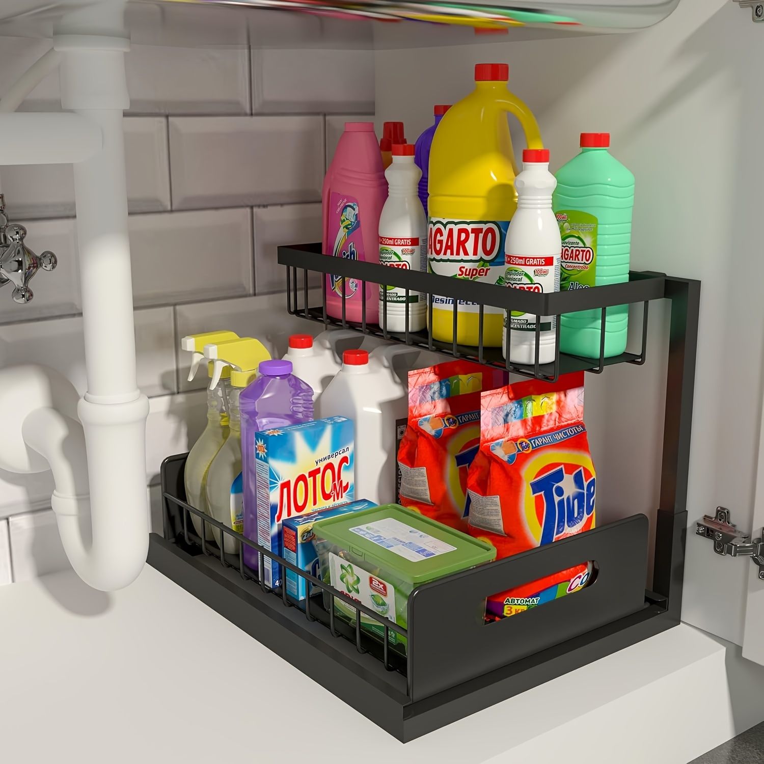 Kitchen sink storage box, pull-out cabinet storage box 2-layer sliding sink rack cabinet storage rack, kitchen bathroom cabinet sink drain storage pull-out — image 3