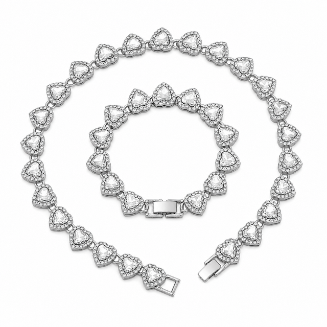 Silver-Plated Heart Rhinestone Cuban Link 18 inch Tennis Necklace and 7 inch Tennis Bracelet Set for Women, Crystal Heart Chain Fashion Jewelry Accessories