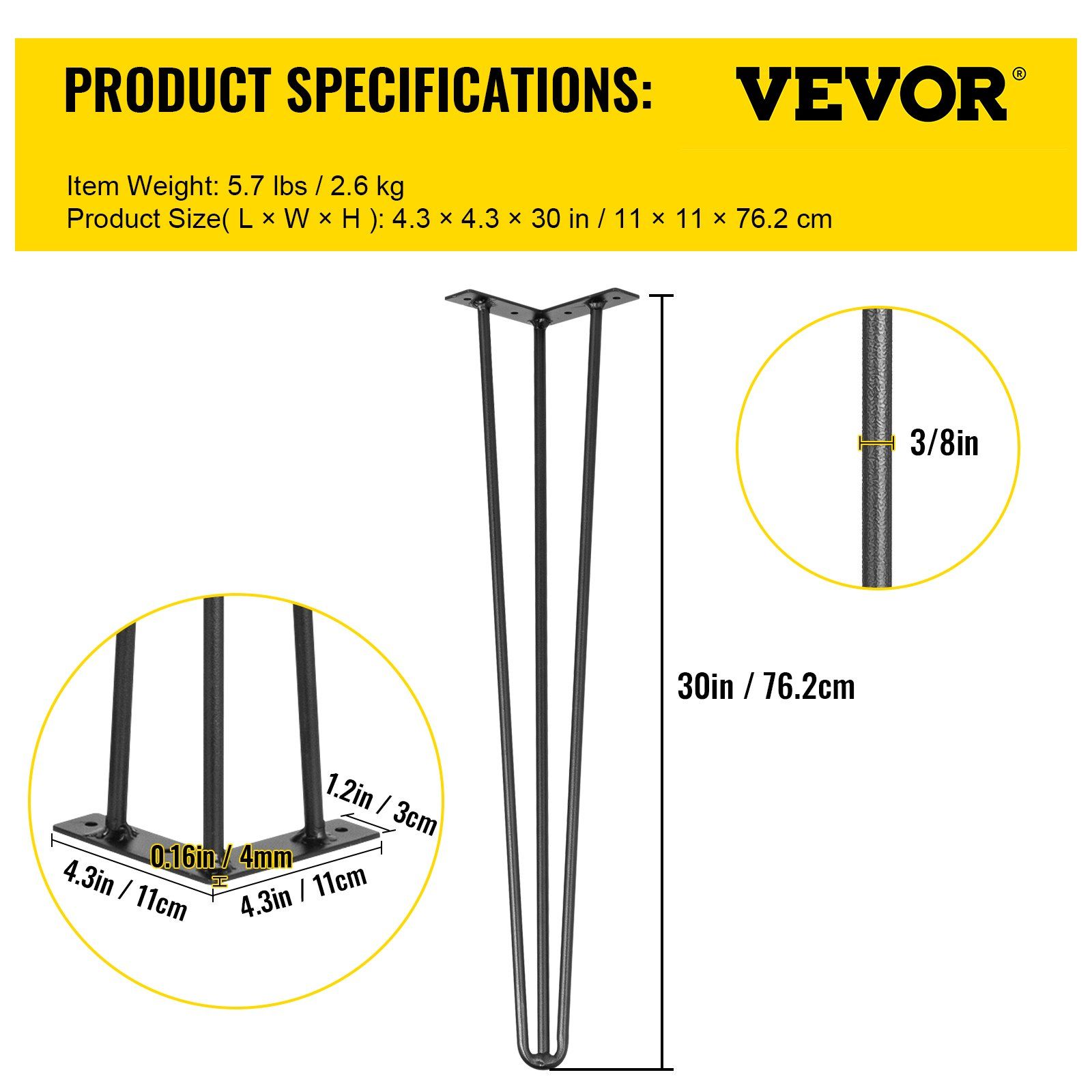 Hairpin Table Legs Heavy Duty Steel 3 Rod Furniture Legs for DIY Tables Desks Benches and Home Projects — image 5