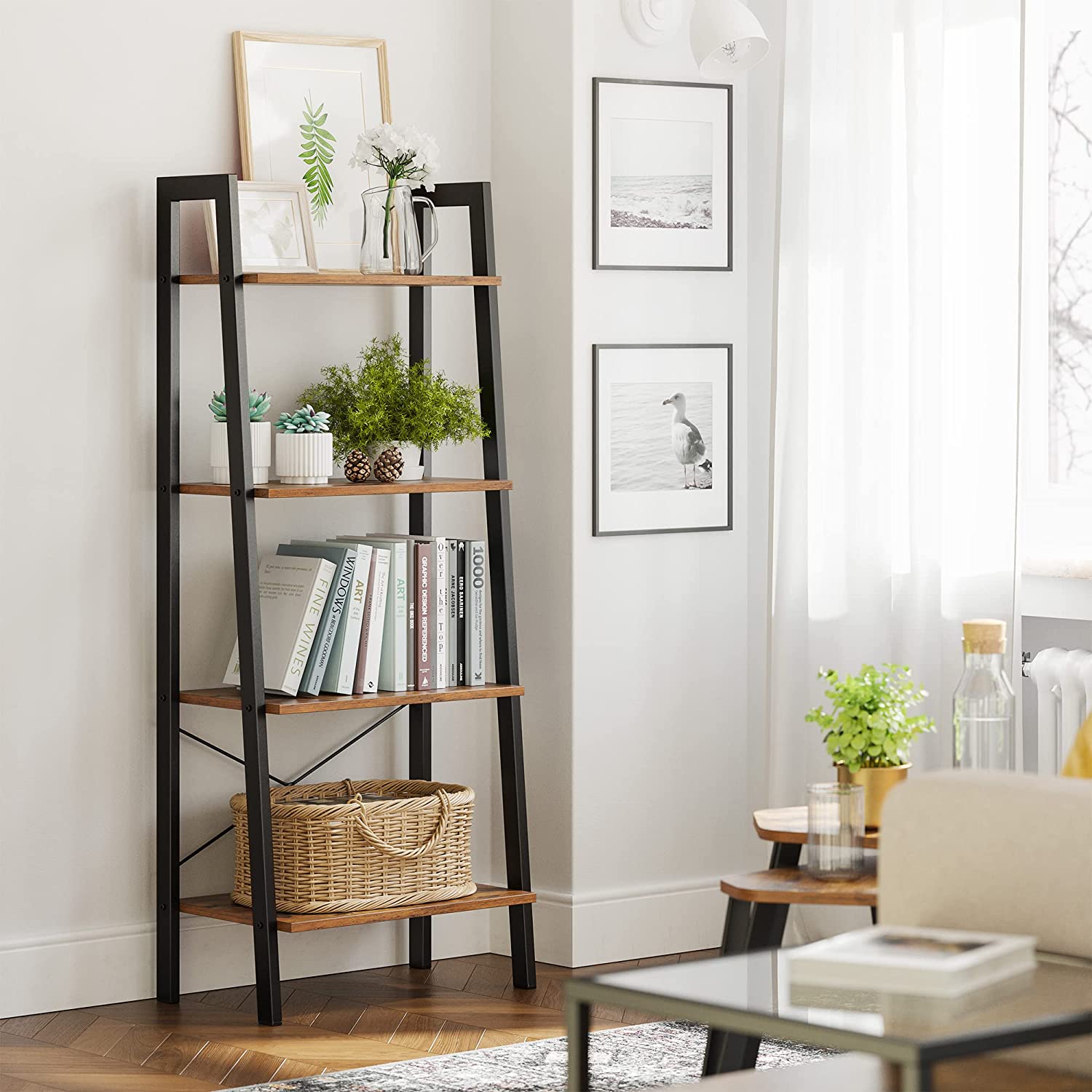 Rustic brown and black steel Metal Frame 4 Tier bookshelf โ image 3