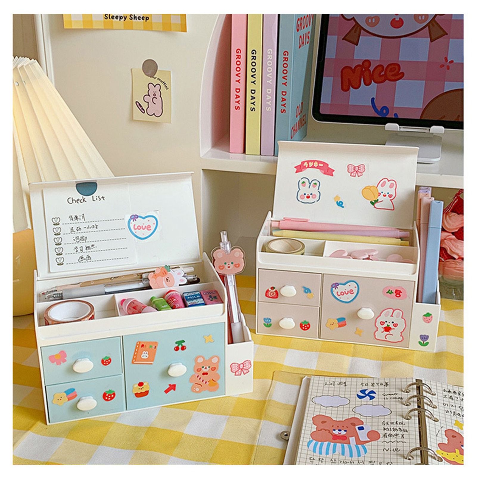 Desktop Storage Box Drawer Design Large Capacity Decorative Simple Dust Cover Skincare Storage Box Pink with Stickers โ image 3