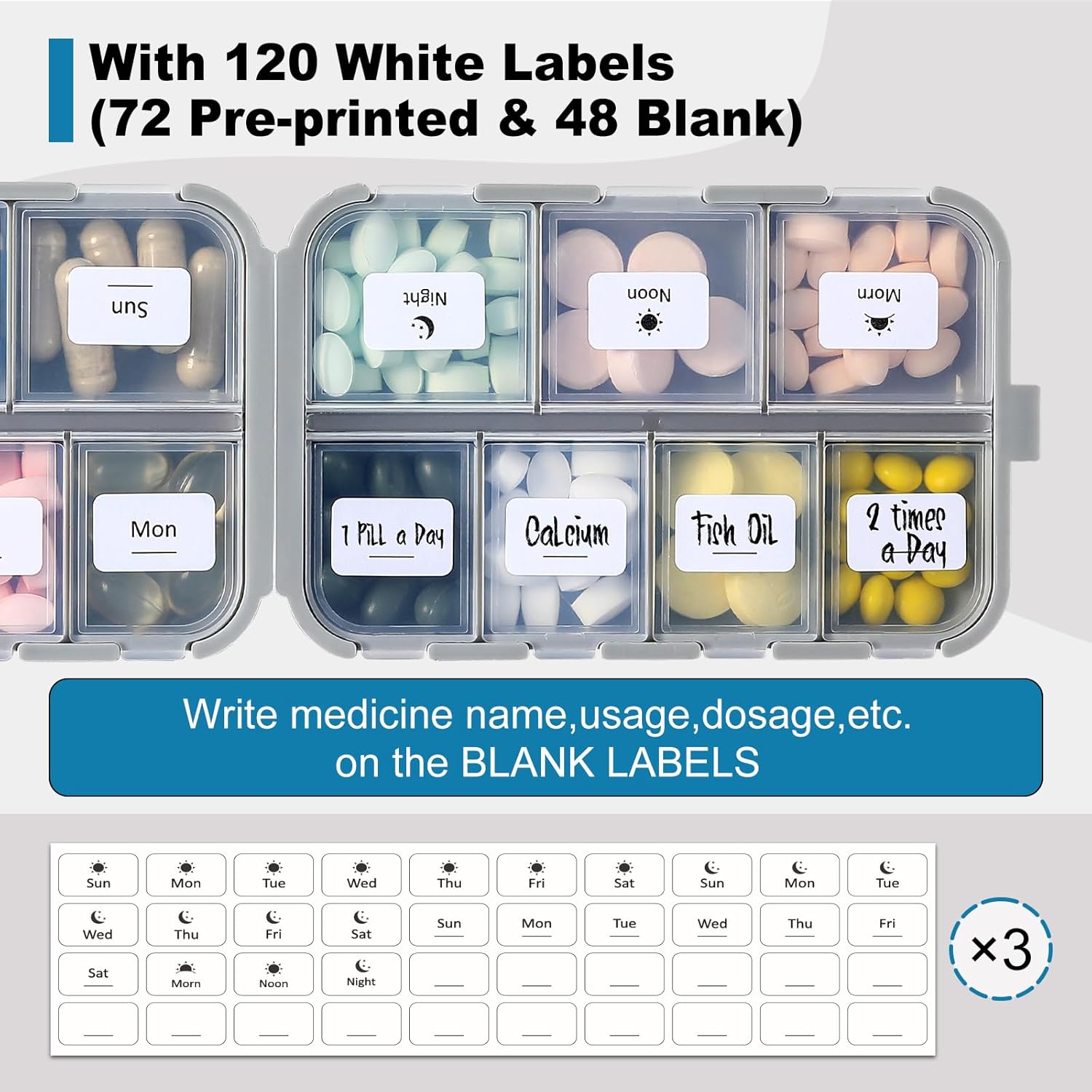 14 Grids Pill Organizer Box with Labels, Travel Medication Holder Dispenser Case Kit, Pocket Daily Pharmacy Container for Fish Oil Vitamin Supplement Storage โ image 5