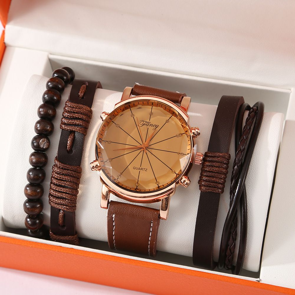 Men’s Vintage Quartz Watch 5‑Piece Gift Set, Leather Wrist Watch with 3 Braided Bracelets, Complete Orange Gift Box, Practical Father's Day Gifts for Dad — image 2