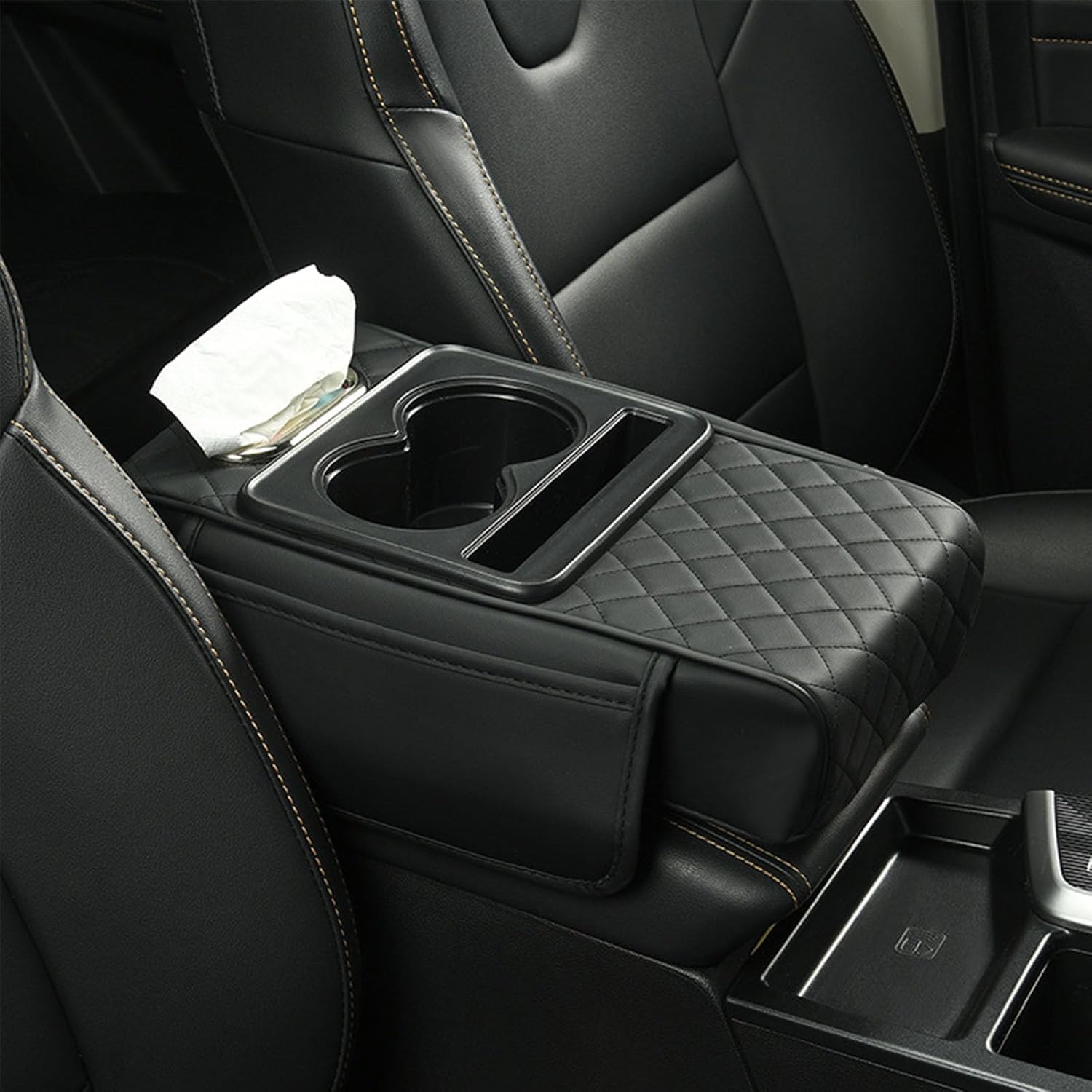 Car Centre Console Armrest Organizer with Tissue Holder and Side Pockets, Protective PU Leather Storage Tray, Black, 35 × 20 × 8 cm