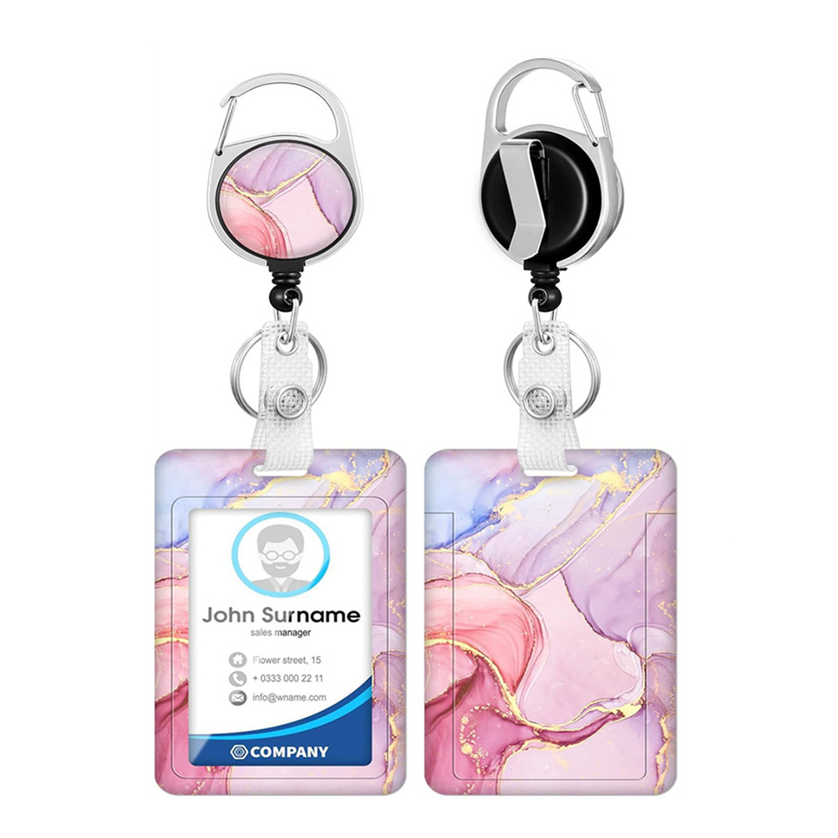 1pc card holder, pink marble-patterned tag, badge scroll, retractable easy-pull buckle, detachable lanyard — image 2