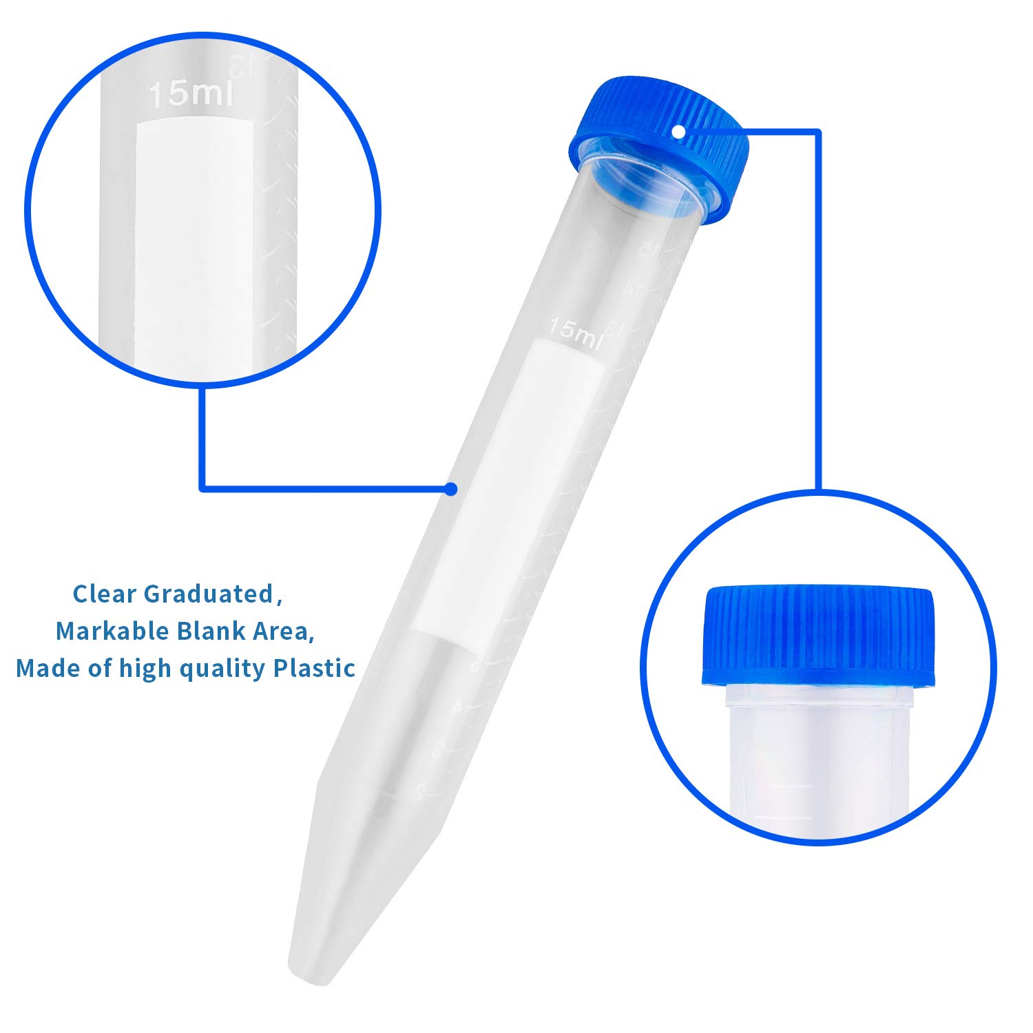 Ackers Conical Centrifuge Tubes 15mL, 100 Pcs Sterile Plastic Test Tubes with Screw Caps, Polypropylene Container with Graduated and Write-on Spot — image 3
