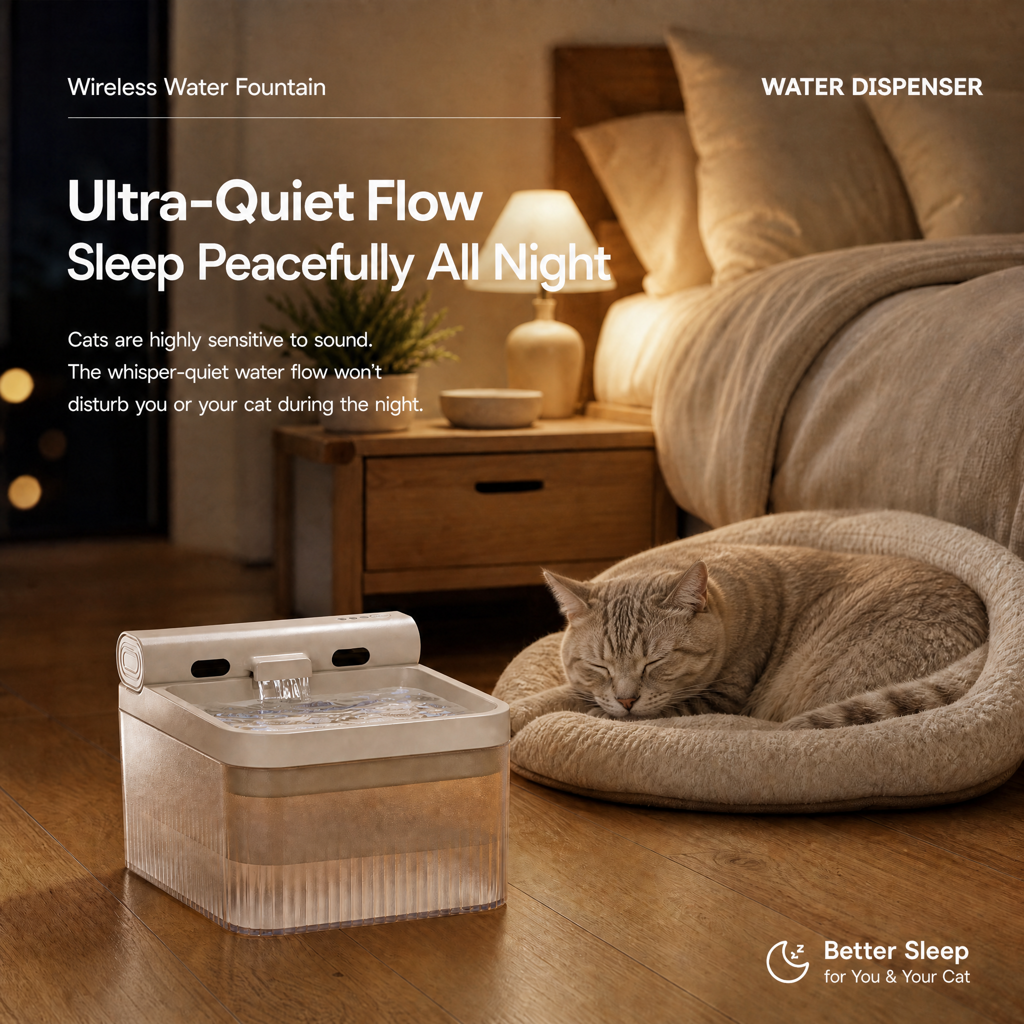 Cream White Cat Water Fountain 3L, Cordless Pet Water Dispenser for Cats & Small Dogs, Smart Sensor, 3 Modes, Quiet Rechargeable Type-C Drinking Bowl — image 4