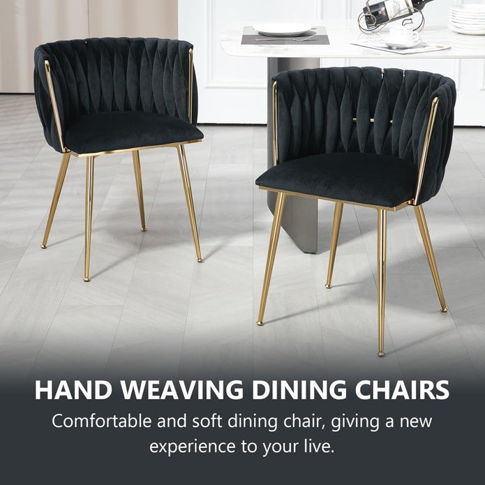 SERENITà Black Modern Hand Weaving Dining Chairs, Velvet Upholstered Side Chairs with Gold Legs, Chic Vanity Chairs with Armrest, Accent Chair for — image 2