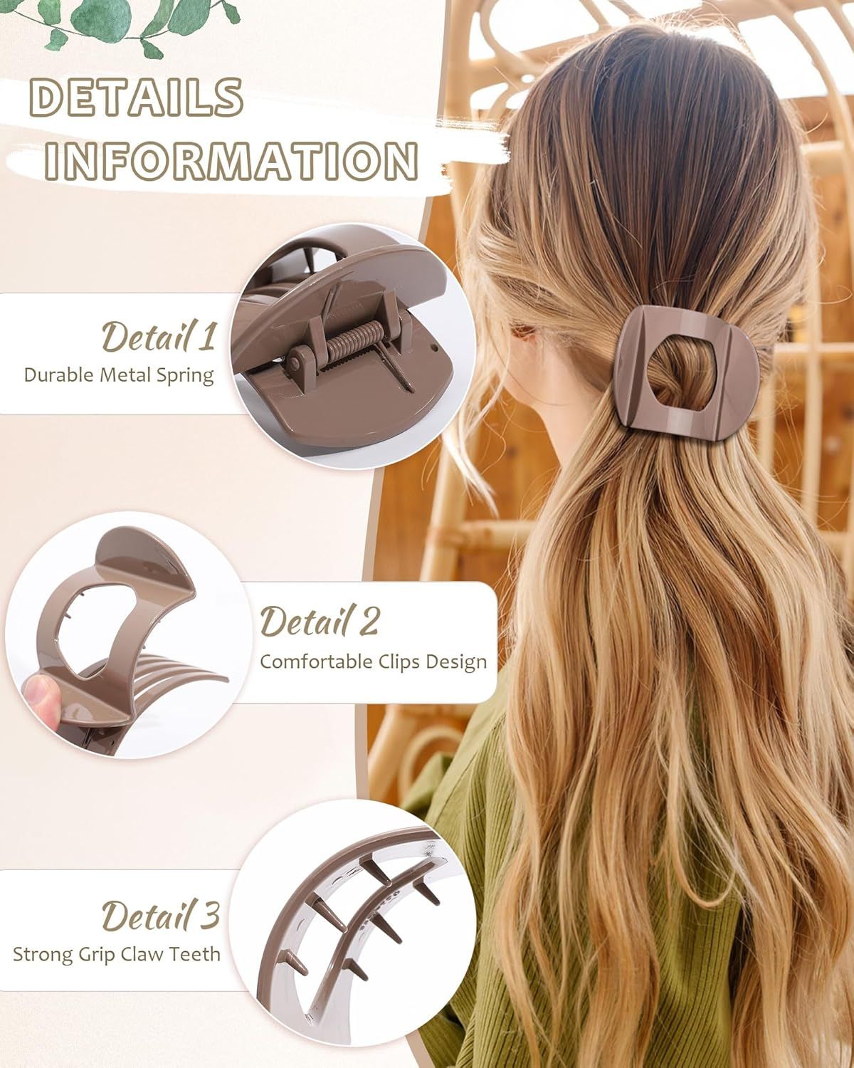 6Pcs lat Hair Clips or Women Strong Grip Curved Claw Clip or Thin Hair Non-slip Plastic Hair Barrettes ((Light Brown+Dark Brown+Light Brown+Dark — image 3