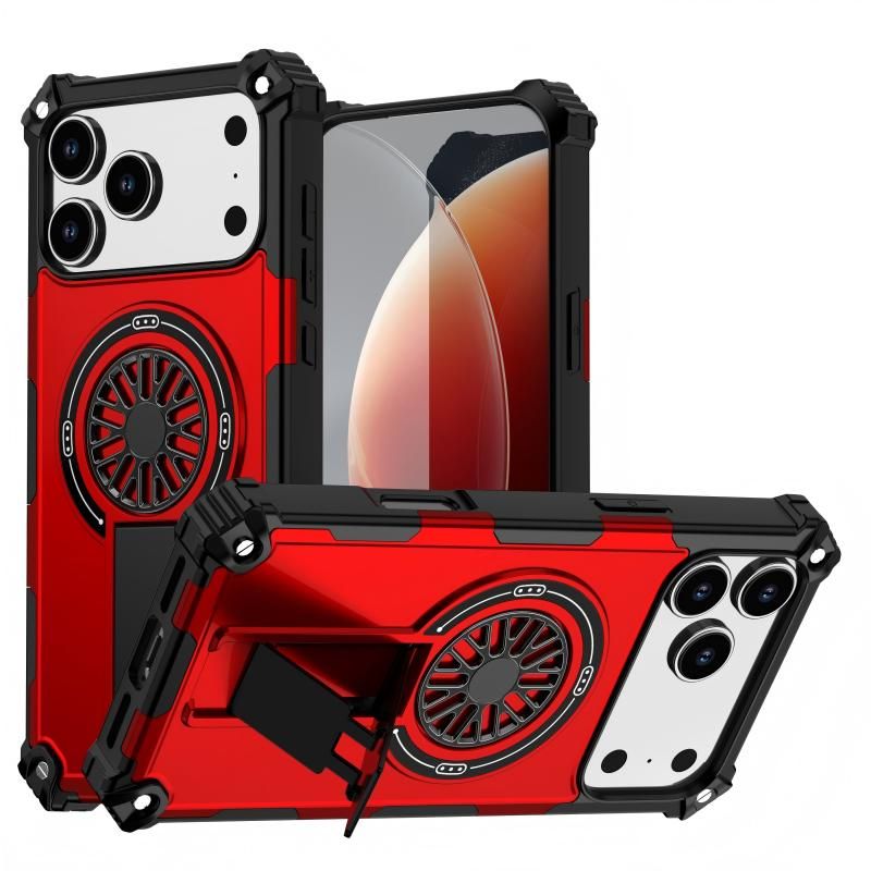 Armor Heavy Duty Magnetic Rotating Ring Kickstand Phone Case For iPhone 16, Anti-Drop Protective Cover In Red