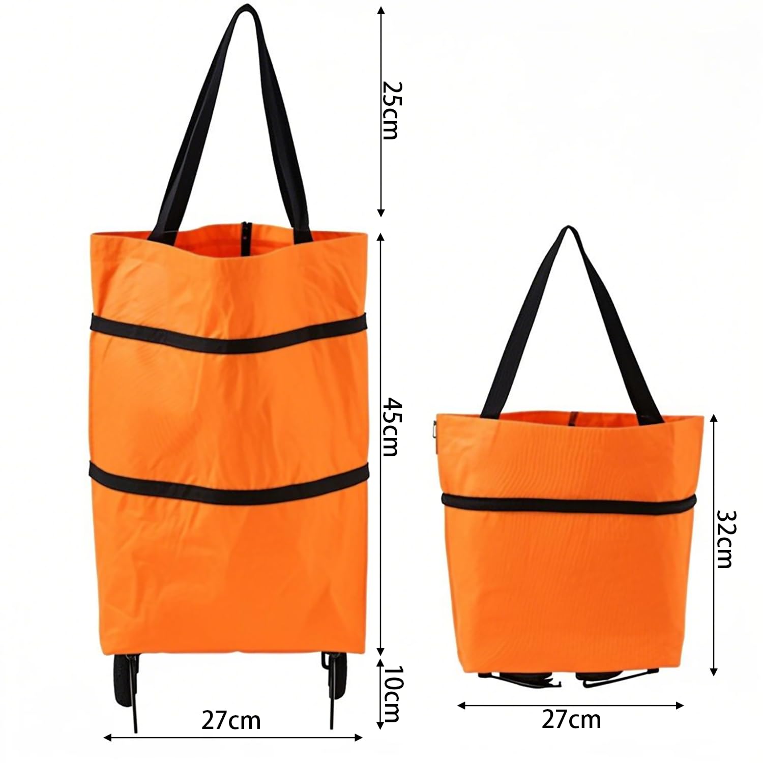 2-in-1 Collapsible Shopping Trolley with Wheels – Foldable Grocery Cart, Reusable Waterproof Oxford Bag for Supermarket, Picnic & Travel (Orange) — image 2
