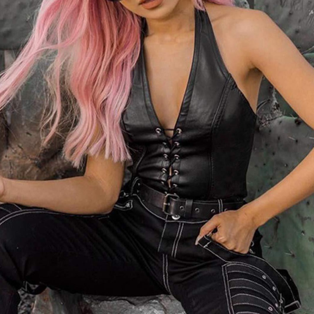Women's Faux Leather Halter Crop Top Sexy Lace Up Deep V Camisole Gothic Punk Rave Festival Clubwear (Black, Size M) โ image 4