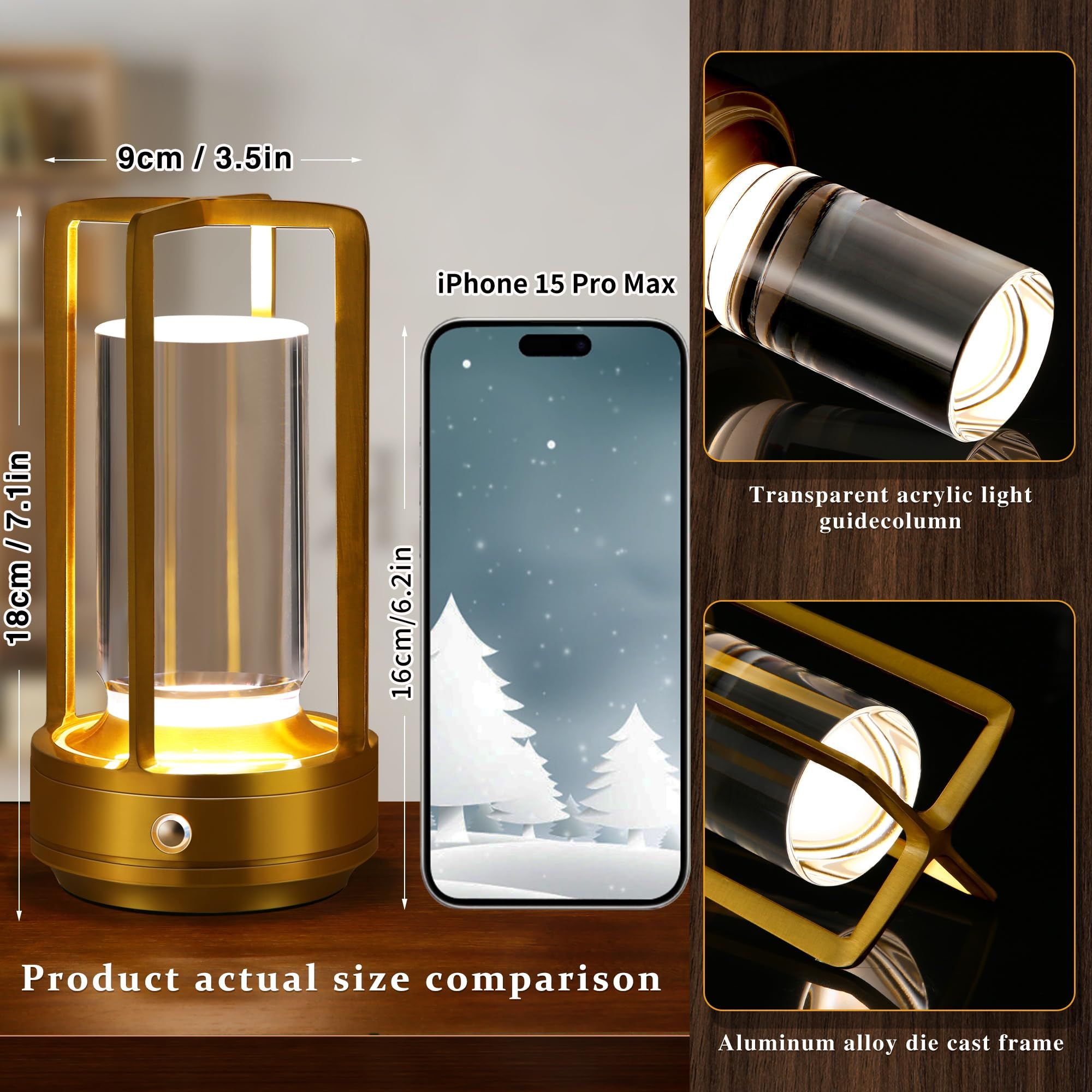Portable Metal Table Lamp,Cordless Table Lamp,Battery Operated, 3 Light Colors, for Restaurant/Bedroom/Bars/Outdoor Party/Camping/Coffee Shop Atmosphere Night — image 4