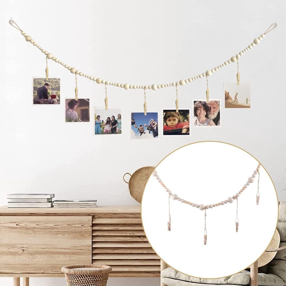 Photo Garland - Hanging Card/Photo Garland - Photo Rope 120 Cm - Photo Hanging Display With 7 Photo Clips - DIY Photo Frame - Wall Decoration - Boho Wooden — image 5