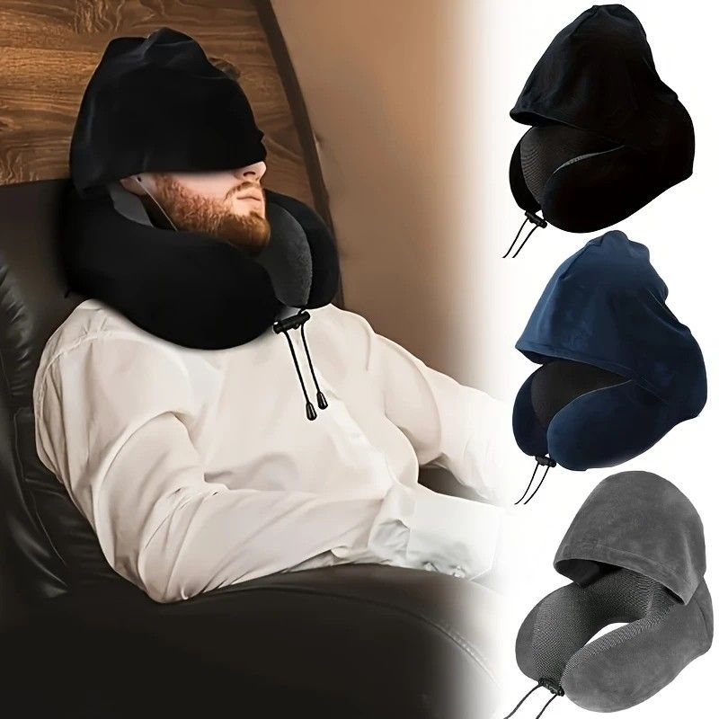 Outdoor Travel Car Pillow, 1pc Memory Foam Hooded U-shaped Neck Pillow, Washable, Neck Pillow with Hood.GREY — image 3