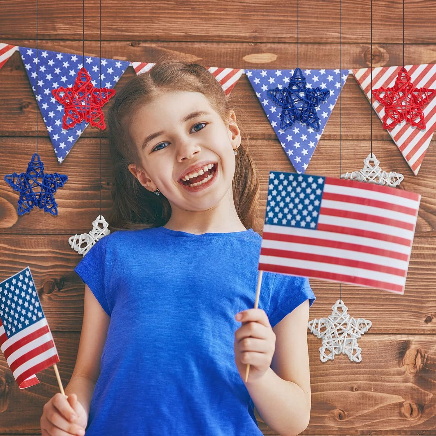 24 Pcs 4th o July Natural Rattan Stars Decoration 250th Anniversary Memorial Day Patriotic Red White Blue Wicker Rattan Stars or Vase Bowl iller Home DIY Crat โ image 2
